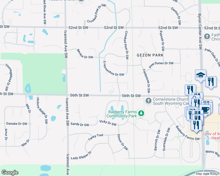map of restaurants, bars, coffee shops, grocery stores, and more near 2956 Florence Drive Southwest in Wyoming