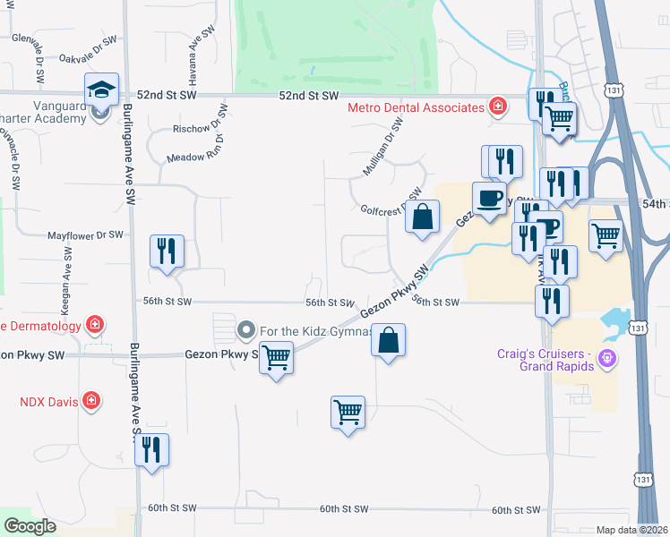 map of restaurants, bars, coffee shops, grocery stores, and more near 5518 Sahalee Drive Southwest in Wyoming