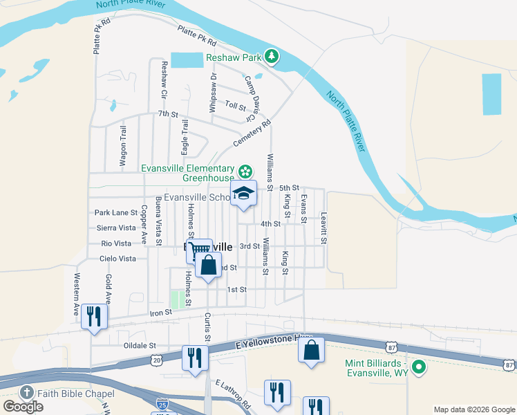 map of restaurants, bars, coffee shops, grocery stores, and more near 443 Texas Street in Evansville