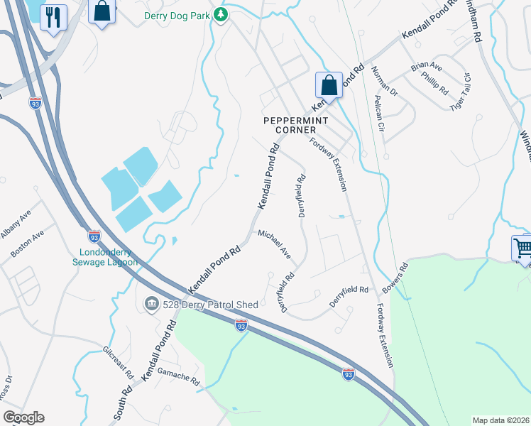 map of restaurants, bars, coffee shops, grocery stores, and more near 46 Kendall Pond Road in Derry