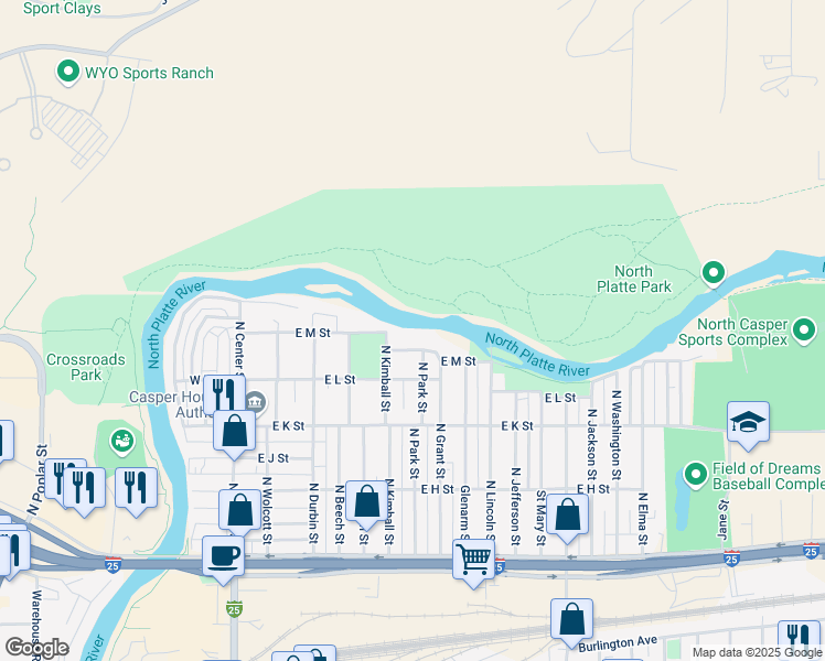 map of restaurants, bars, coffee shops, grocery stores, and more near 600 East M Street in Casper