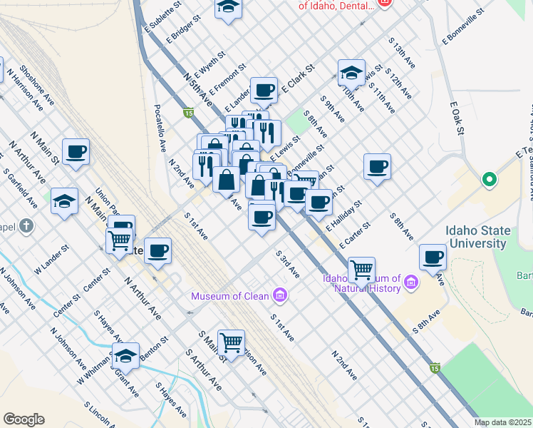 map of restaurants, bars, coffee shops, grocery stores, and more near 301 South 4th Avenue in Pocatello