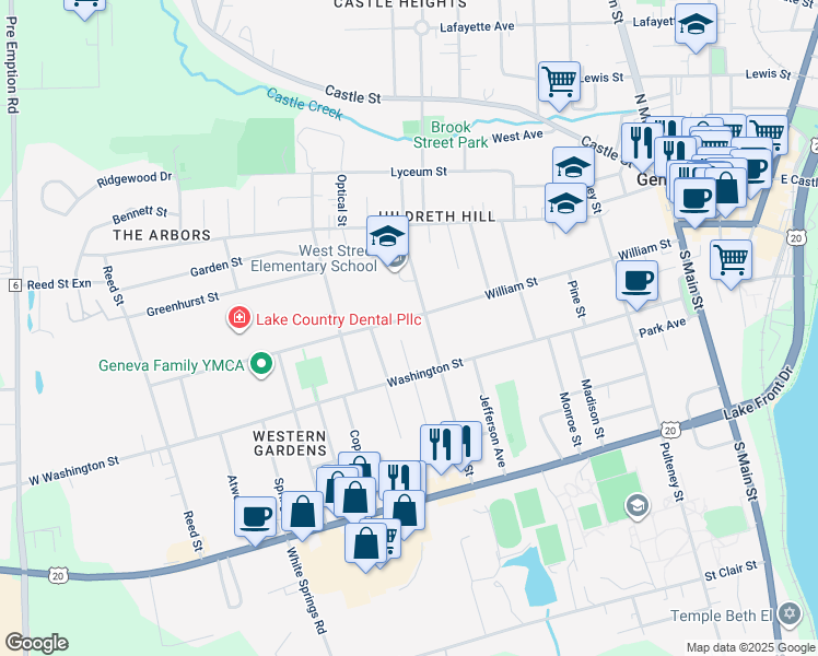 map of restaurants, bars, coffee shops, grocery stores, and more near 253 William Street in Geneva