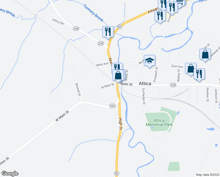 map of restaurants, bars, coffee shops, grocery stores, and more near 15 West Main Street in Attica