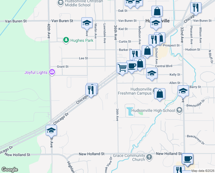 map of restaurants, bars, coffee shops, grocery stores, and more near 3620 Chicago Drive in Hudsonville