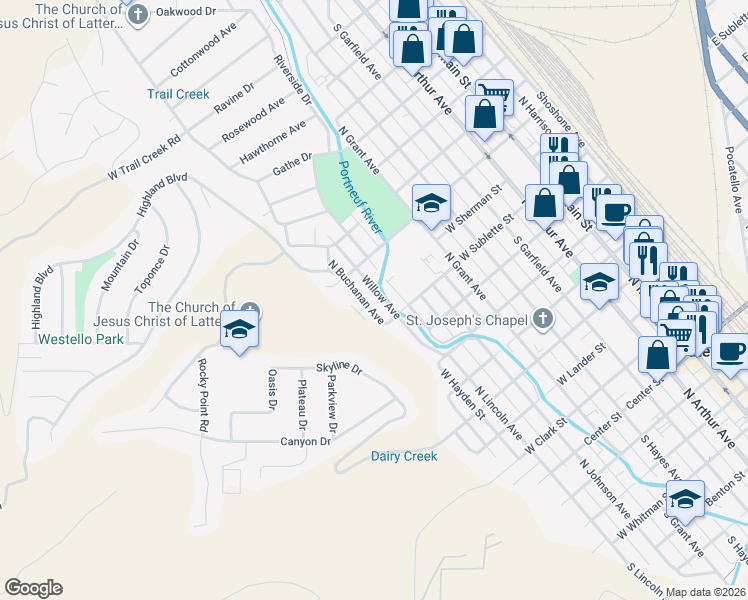 map of restaurants, bars, coffee shops, grocery stores, and more near 870 North Buchanan Avenue in Pocatello