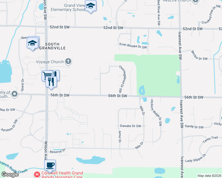 map of restaurants, bars, coffee shops, grocery stores, and more near 3615 56th Street Southwest in Wyoming