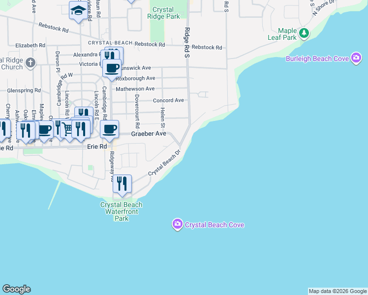 map of restaurants, bars, coffee shops, grocery stores, and more near 3711 Crystal Beach Drive in Fort Erie