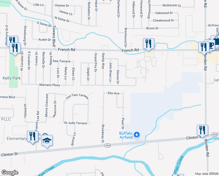 map of restaurants, bars, coffee shops, grocery stores, and more near 154 Steven Drive in Buffalo