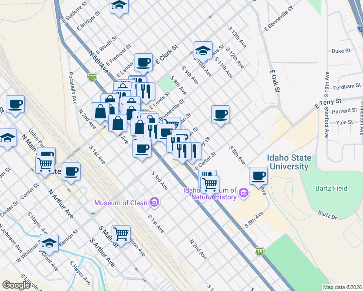 map of restaurants, bars, coffee shops, grocery stores, and more near 635 East Benton Street in Pocatello