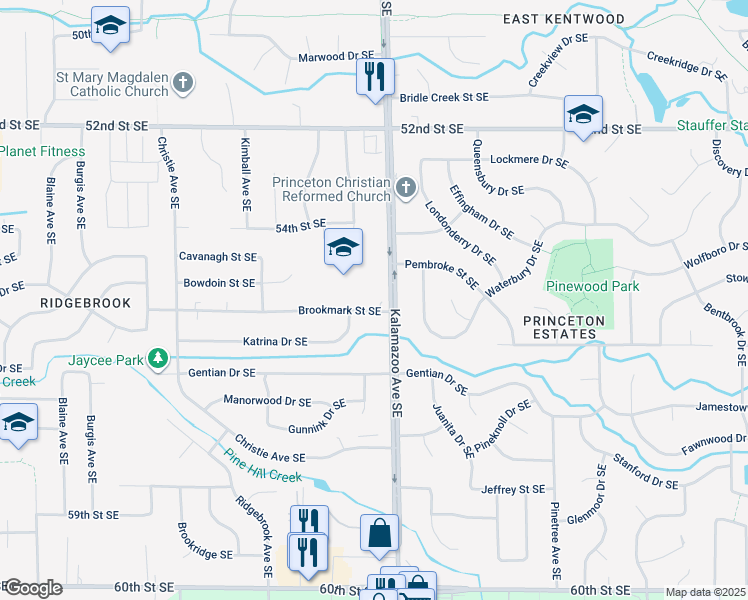 map of restaurants, bars, coffee shops, grocery stores, and more near 1565 Brookmark Street Southeast in Kentwood