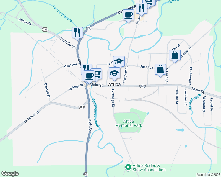 map of restaurants, bars, coffee shops, grocery stores, and more near 76 Main Street in Attica