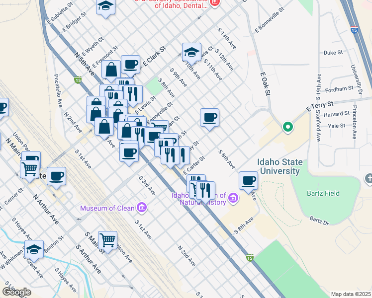 map of restaurants, bars, coffee shops, grocery stores, and more near 734 East Halliday Street in Pocatello