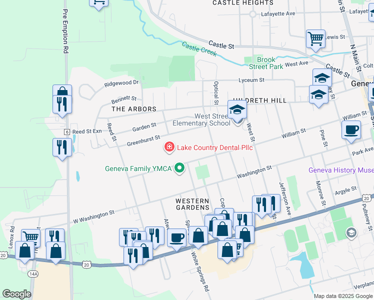 map of restaurants, bars, coffee shops, grocery stores, and more near 374 William Street in Geneva