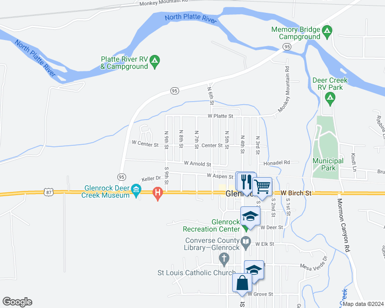 map of restaurants, bars, coffee shops, grocery stores, and more near 115-199 North 7th Street in Glenrock