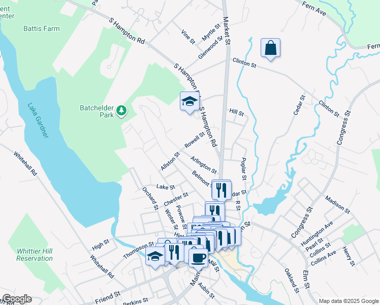 map of restaurants, bars, coffee shops, grocery stores, and more near 11 Rowell Street in Amesbury