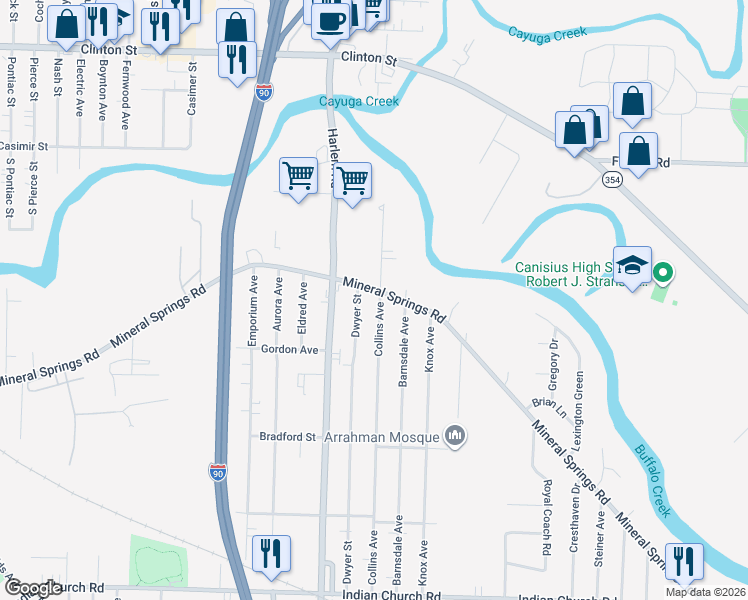 map of restaurants, bars, coffee shops, grocery stores, and more near 767 Mineral Springs Road in Buffalo