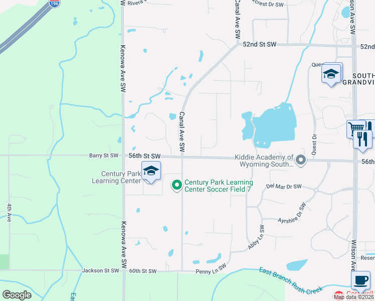 map of restaurants, bars, coffee shops, grocery stores, and more near 4573 56th Street Southwest in Wyoming