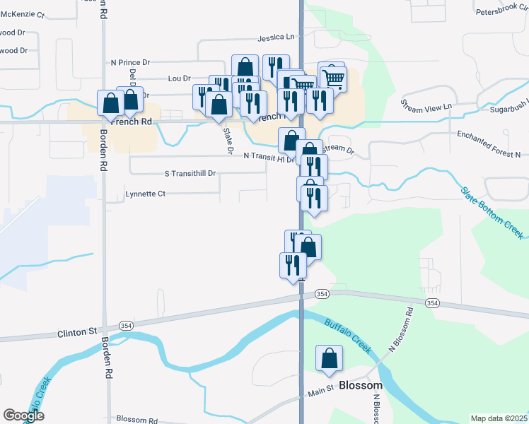 map of restaurants, bars, coffee shops, grocery stores, and more near 4704 Transit Road in Depew