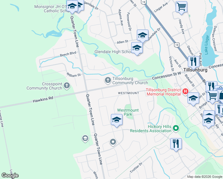 map of restaurants, bars, coffee shops, grocery stores, and more near 107 Concession Street West in Tillsonburg
