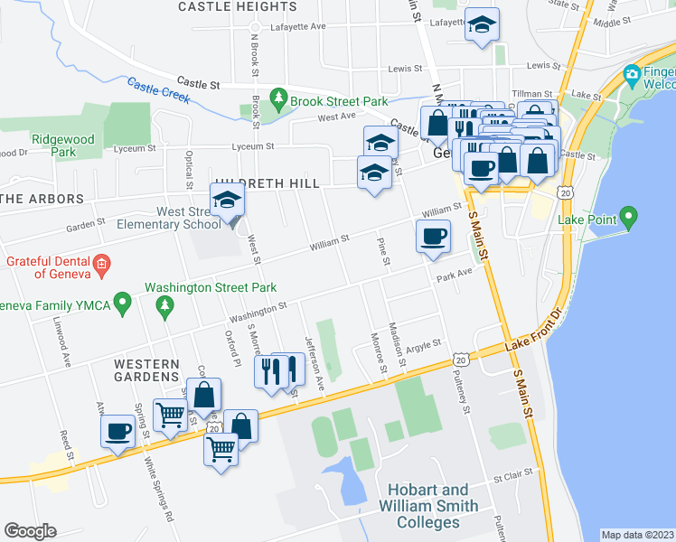 map of restaurants, bars, coffee shops, grocery stores, and more near 86 Grove Street in Geneva