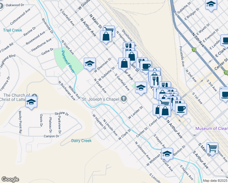 map of restaurants, bars, coffee shops, grocery stores, and more near 606 North Hayes Avenue in Pocatello