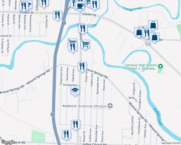 map of restaurants, bars, coffee shops, grocery stores, and more near 767 Mineral Springs Road in Buffalo