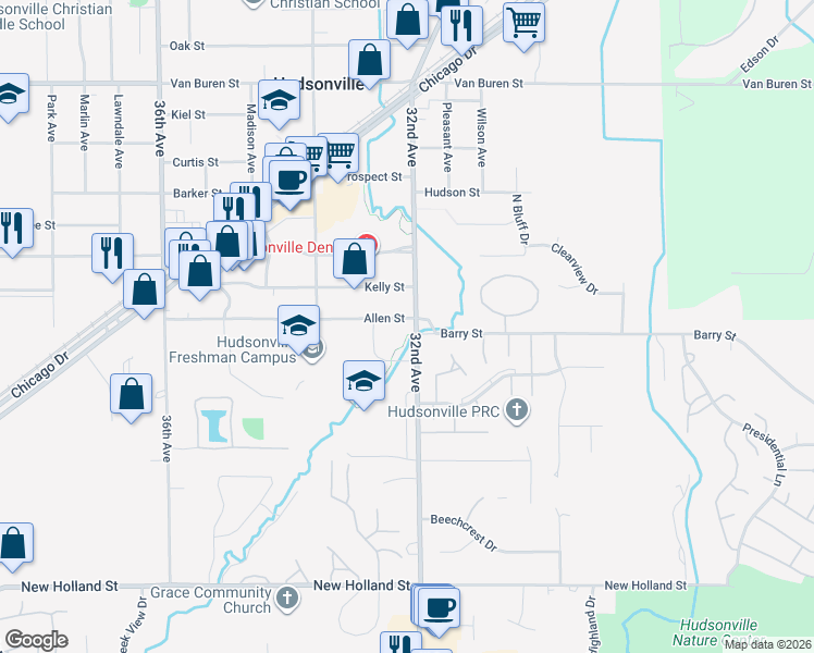 map of restaurants, bars, coffee shops, grocery stores, and more near 5215 32nd Avenue in Hudsonville