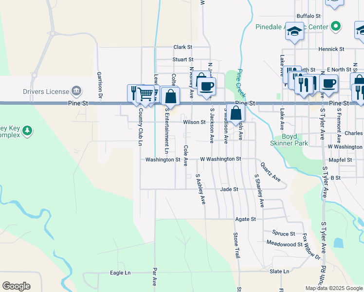 map of restaurants, bars, coffee shops, grocery stores, and more near 220 Cole Avenue in Pinedale