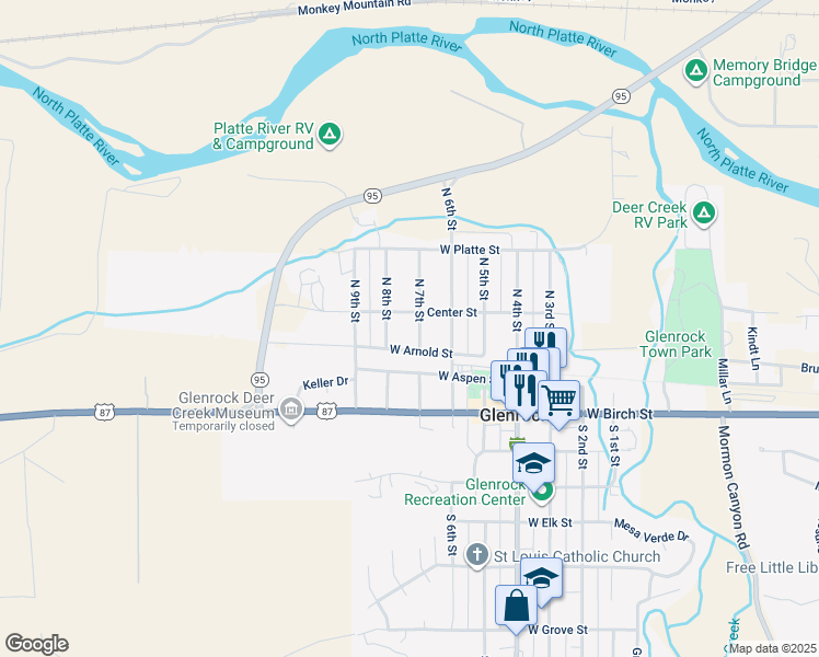 map of restaurants, bars, coffee shops, grocery stores, and more near 115 North 7th Street in Glenrock