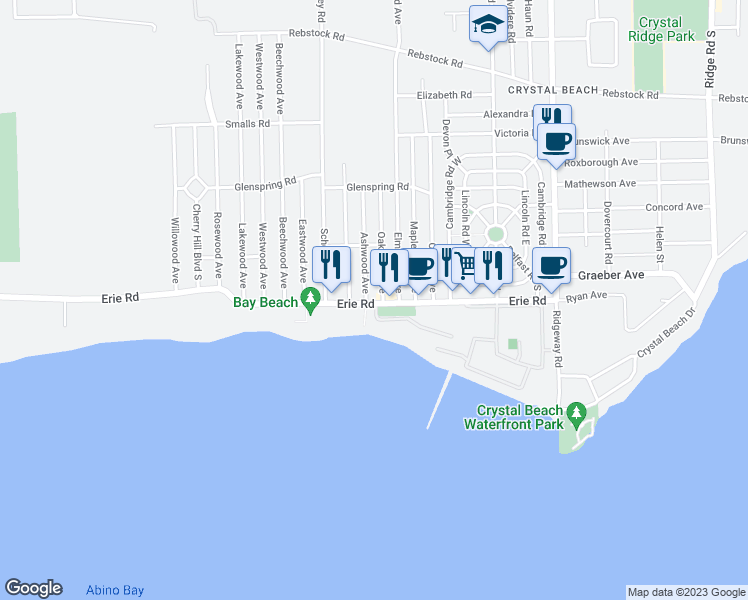 map of restaurants, bars, coffee shops, grocery stores, and more near 4080 Erie Road in Fort Erie