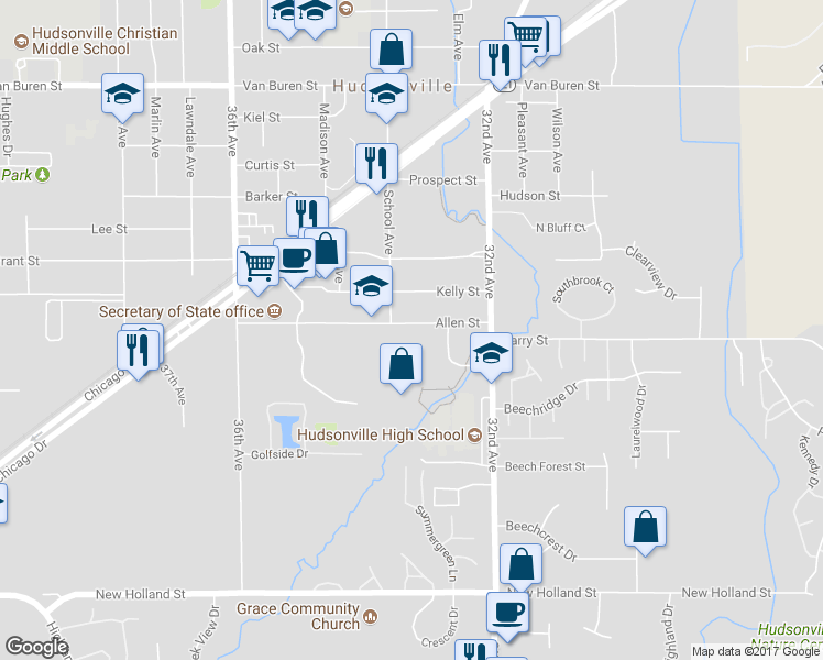 map of restaurants, bars, coffee shops, grocery stores, and more near 3340 Allen Street in Hudsonville