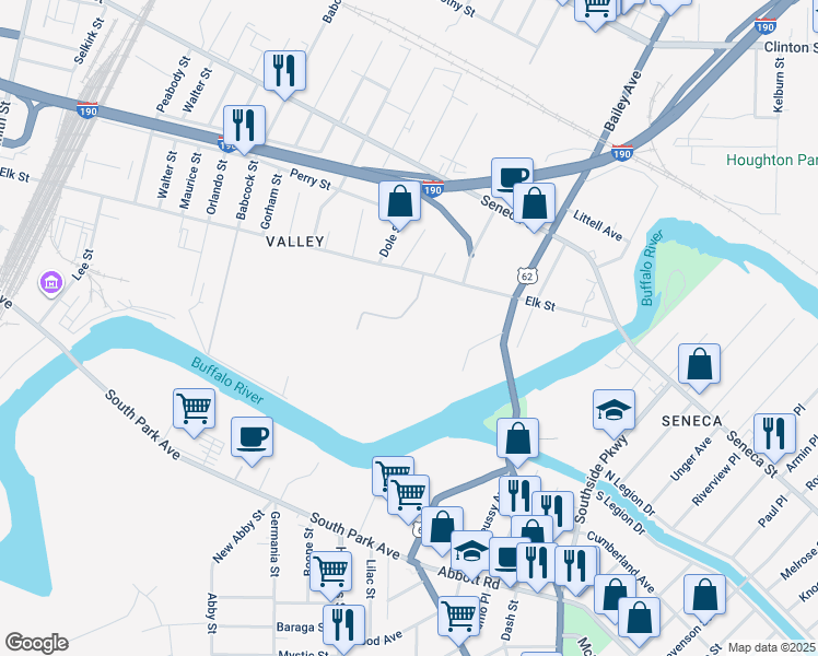 map of restaurants, bars, coffee shops, grocery stores, and more near 703 Elk Street in Buffalo