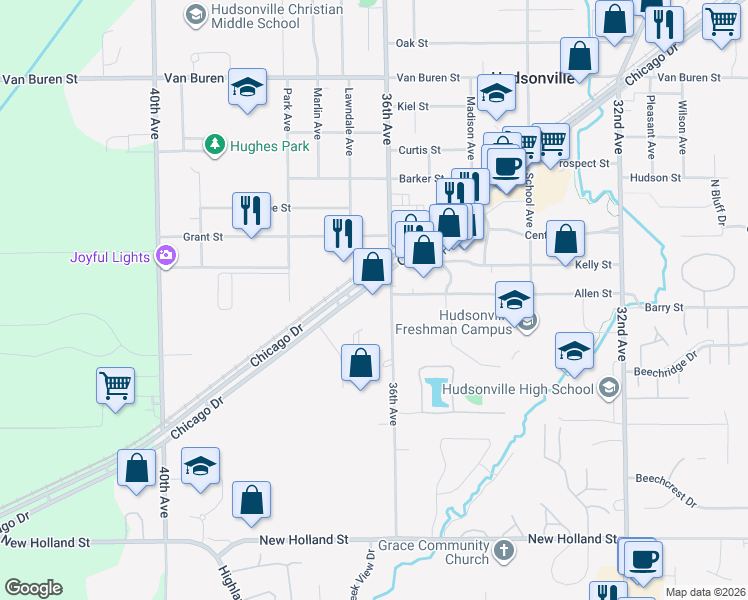 map of restaurants, bars, coffee shops, grocery stores, and more near 3620 Chicago Drive in Hudsonville