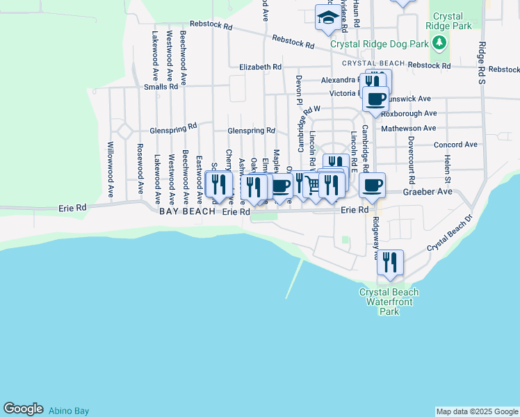 map of restaurants, bars, coffee shops, grocery stores, and more near 413 Oakwood Avenue in Fort Erie