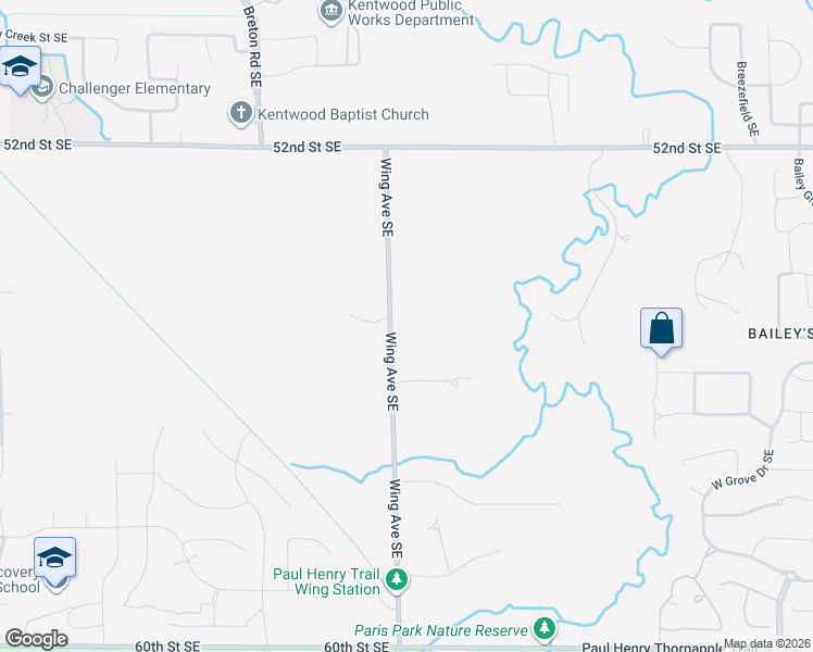 map of restaurants, bars, coffee shops, grocery stores, and more near 5496 Wing Avenue Southeast in Kentwood