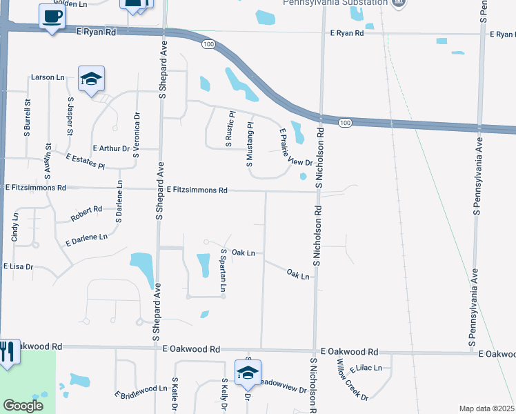 map of restaurants, bars, coffee shops, grocery stores, and more near 9931 South McGraw Drive in Oak Creek