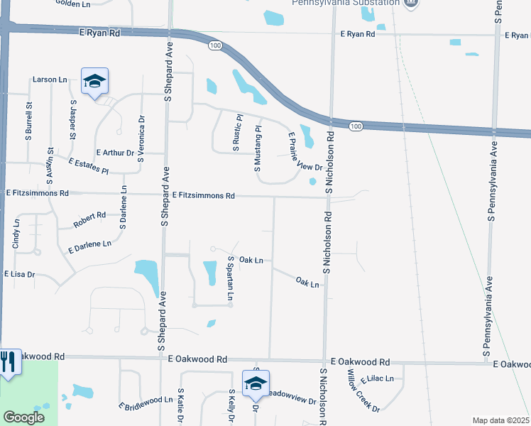 map of restaurants, bars, coffee shops, grocery stores, and more near 9931 South McGraw Drive in Oak Creek