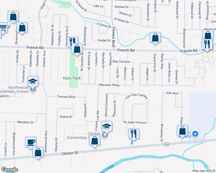 map of restaurants, bars, coffee shops, grocery stores, and more near 237 Marrano Parkway in Cheektowaga