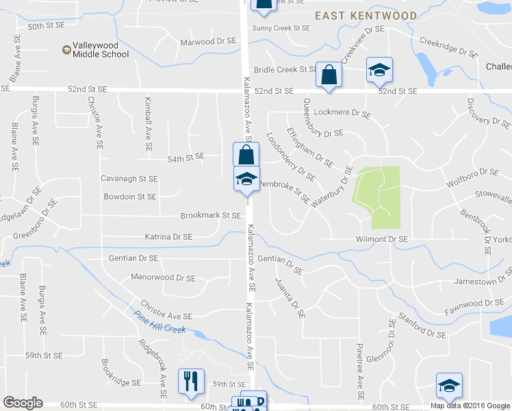 map of restaurants, bars, coffee shops, grocery stores, and more near 5496 Kalamazoo Avenue Southeast in Kentwood