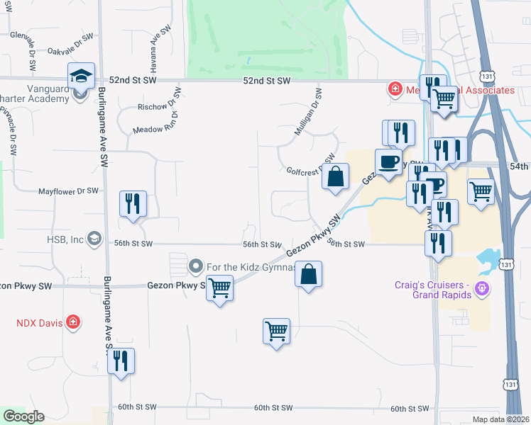 map of restaurants, bars, coffee shops, grocery stores, and more near 5518 Sahalee Drive Southwest in Wyoming