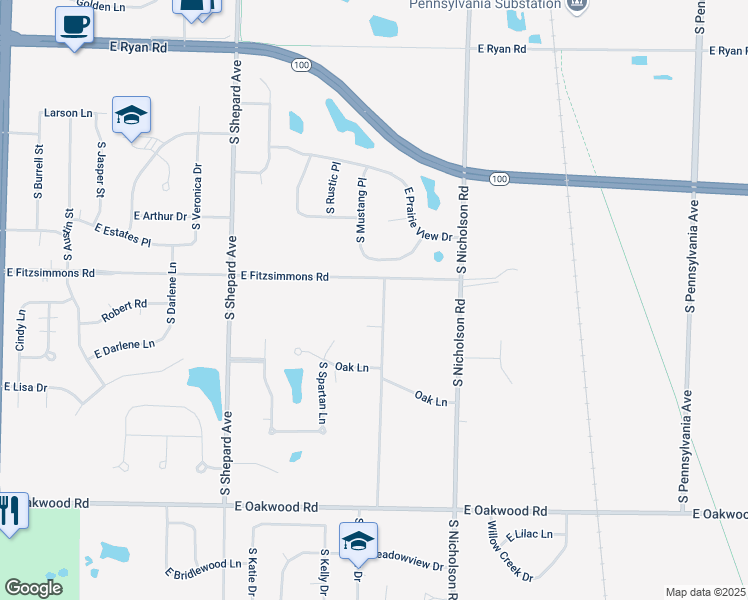 map of restaurants, bars, coffee shops, grocery stores, and more near 9931 South McGraw Drive in Oak Creek