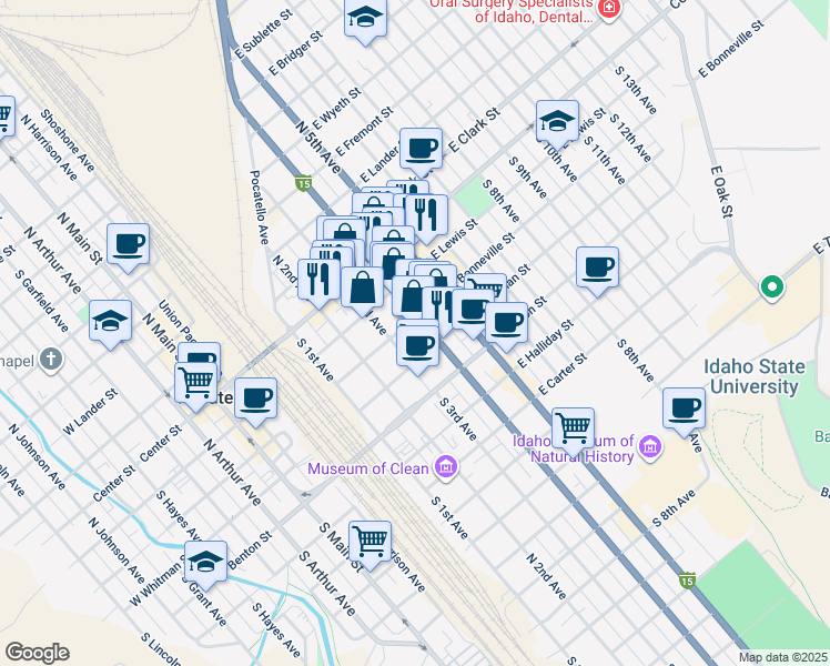 map of restaurants, bars, coffee shops, grocery stores, and more near 301 South 4th Avenue in Pocatello
