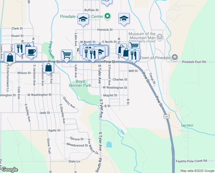 map of restaurants, bars, coffee shops, grocery stores, and more near 53 West Washington Street in Pinedale