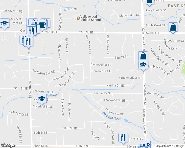 map of restaurants, bars, coffee shops, grocery stores, and more near 5494 Christie Avenue Southeast in Kentwood