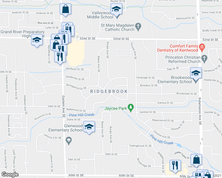map of restaurants, bars, coffee shops, grocery stores, and more near 5489 Greenboro Drive Southeast in Kentwood