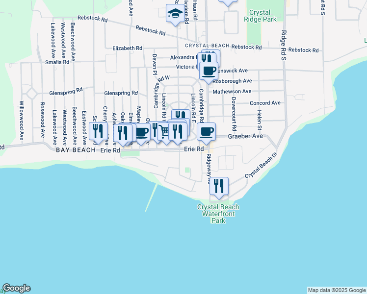 map of restaurants, bars, coffee shops, grocery stores, and more near 3930 Erie Road in Fort Erie