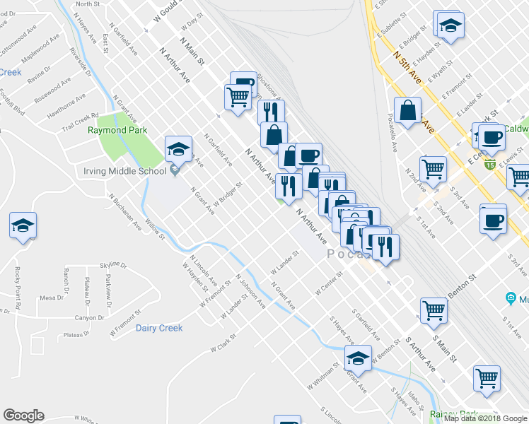 map of restaurants, bars, coffee shops, grocery stores, and more near 519 North Garfield Avenue in Pocatello