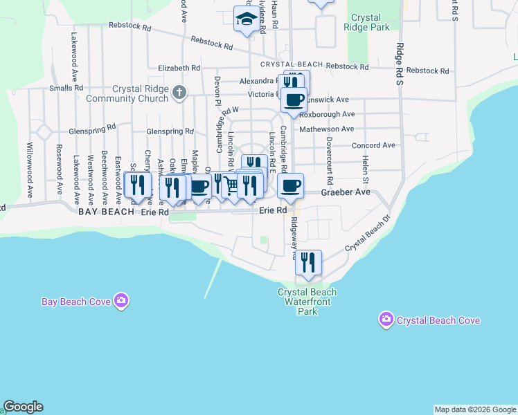 map of restaurants, bars, coffee shops, grocery stores, and more near 3930 Erie Road in Fort Erie