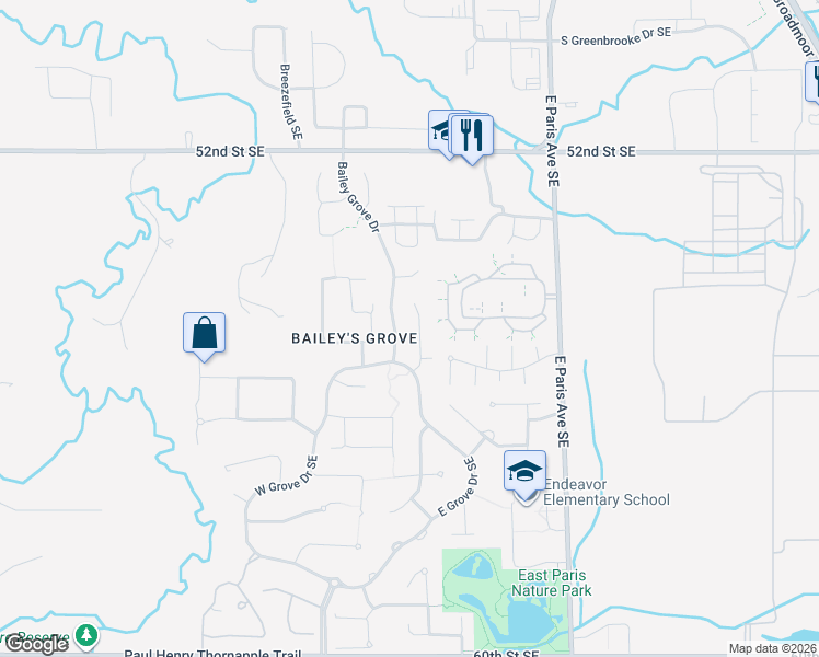 map of restaurants, bars, coffee shops, grocery stores, and more near 5479 Boxwood Court Southeast in Kentwood